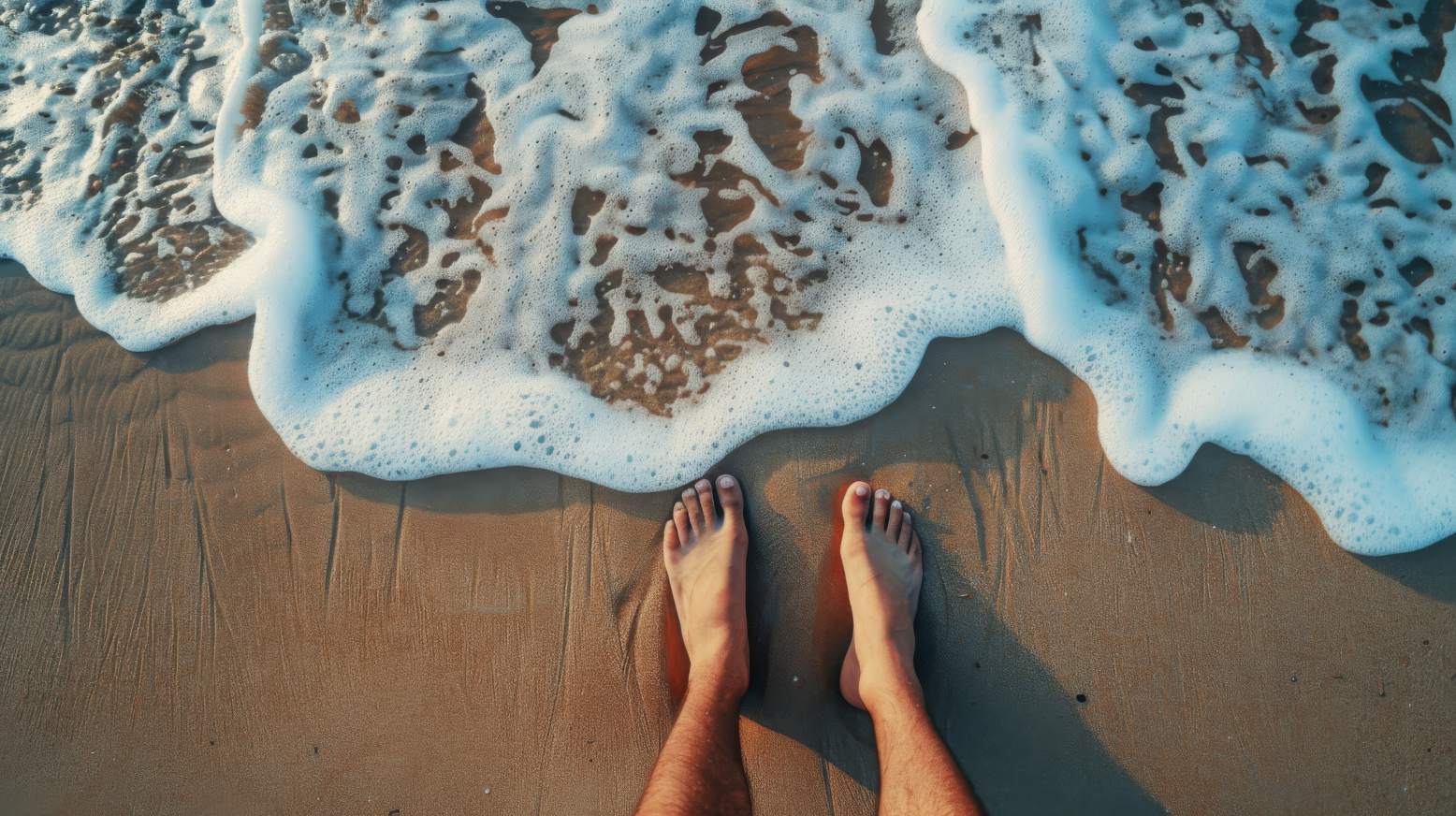 Feet standing on sandy beach with ocean waves gently washing over, symbolizing pain-free movement and recovery from foot conditions like bunions and hammertoes.