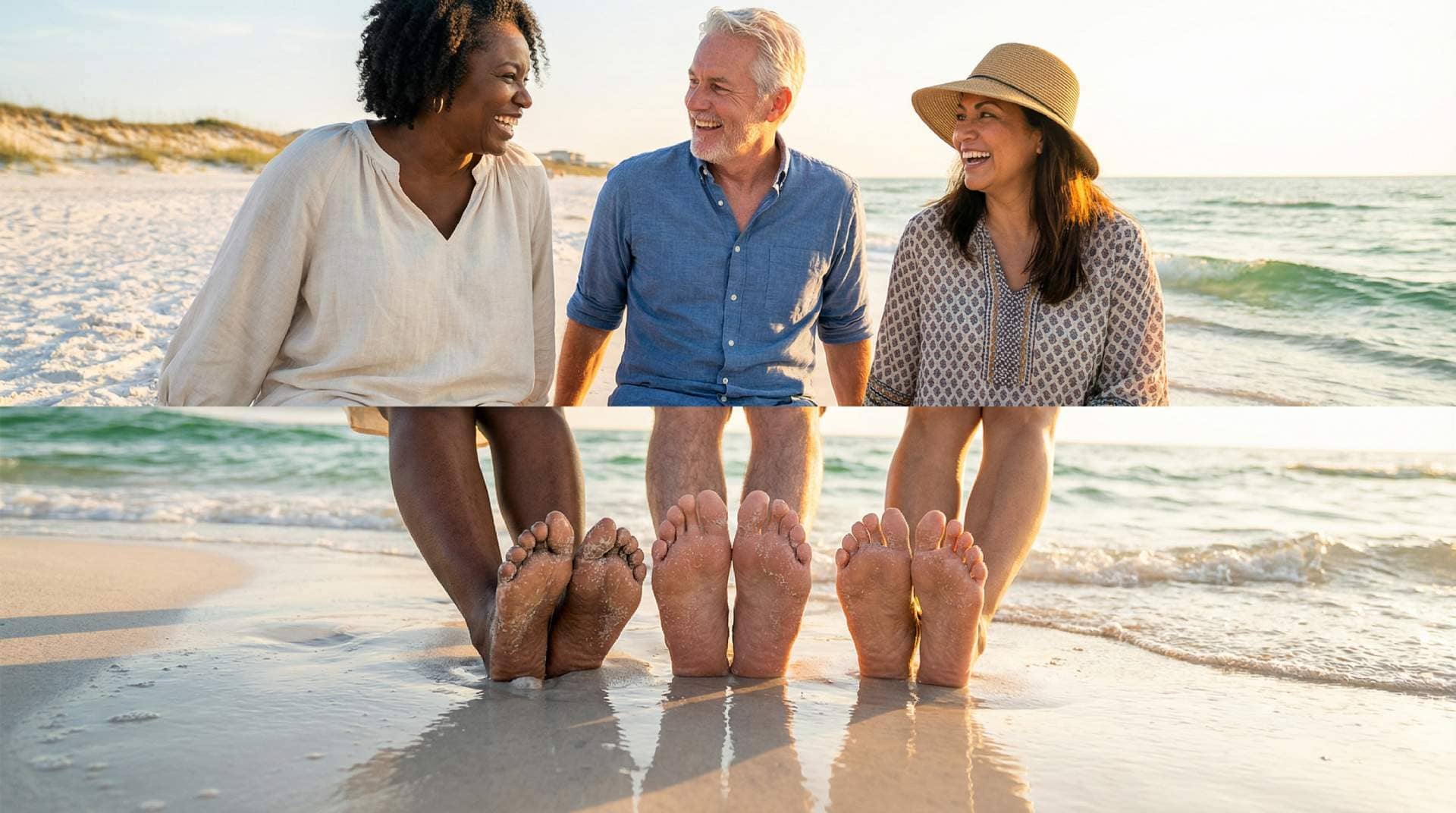 Group of three smiling adults on a beach, with feet in the sand and water, representing a healthy and active lifestyle, emphasizing foot health and recovery from conditions treated at Emerald Coast Foot and Ankle Center.